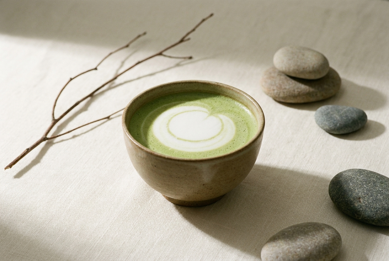 Matcha latte in ceramic bowl
